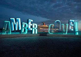 lit up Amber Cove sign at cruise port in Puerto Plata - Dominican Republic